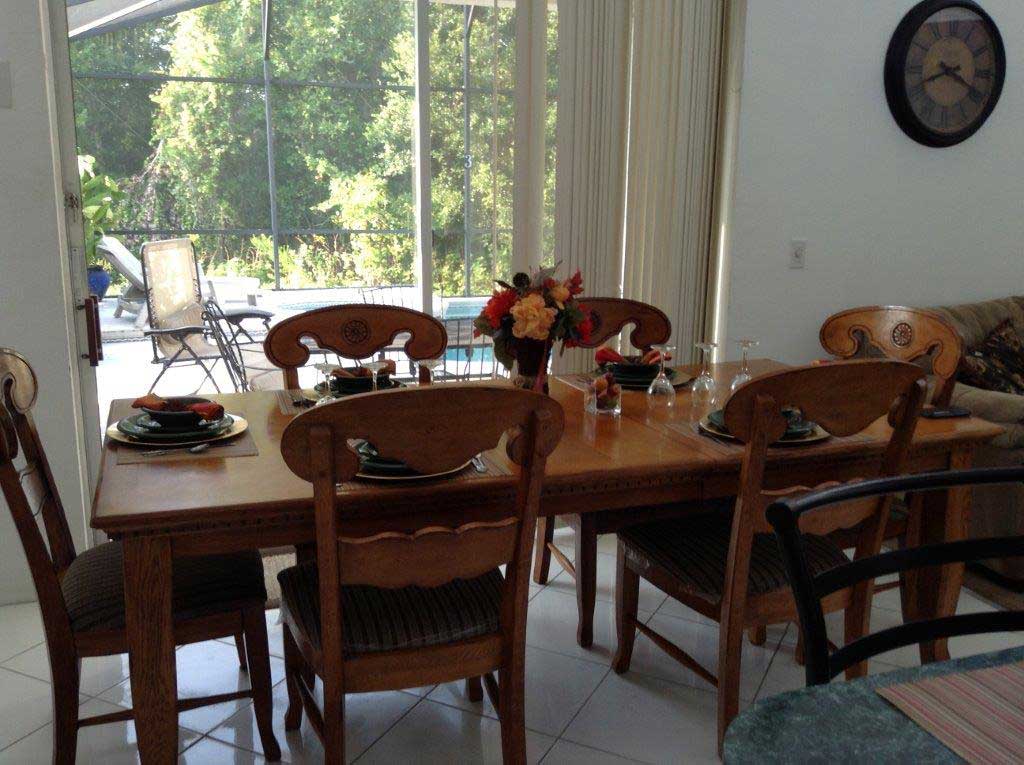 Dinning room overlooking the heated pool and spa area.